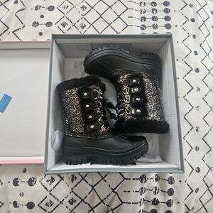 London Fog Black Glitter Faux Fur Water Resistant Winter Boots, Size 12